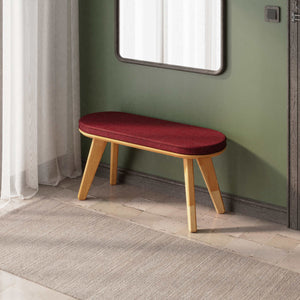 Yase Bench 100 x 38 cm, bordo keten döşeme, masif kayın gövde, ev ortamında kullanım görünümü