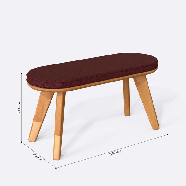 Yase Bench 100 x 38 cm ölçülendirilmiş teknik görünümü, bordo keten döşeme, milimetre cinsinden ölçüler