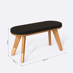 Yase Bench 100 x 38 cm ölçülendirilmiş teknik görünümü, siyah keten döşeme, milimetre cinsinden ölçüler