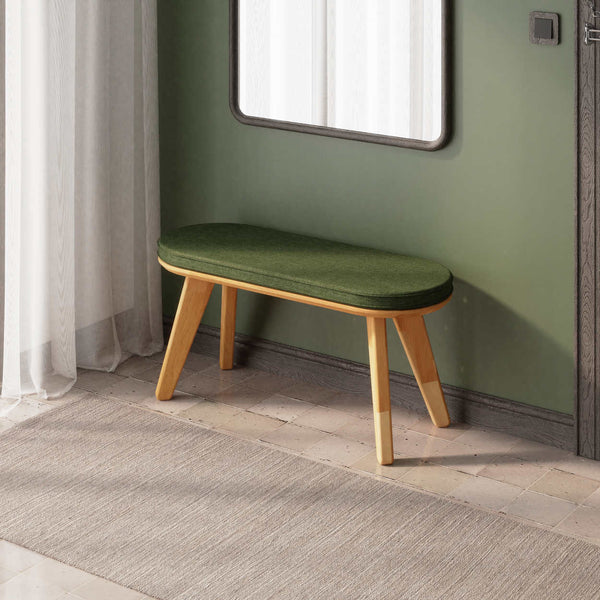 Yase Bench 100 x 38 cm, yeşil keten döşeme, masif kayın gövde, ev ortamında kullanım görünümü