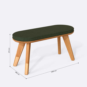 Yase Bench 100 x 38 cm ölçülendirilmiş teknik görünümü, yeşil keten döşeme, milimetre cinsinden ölçüler