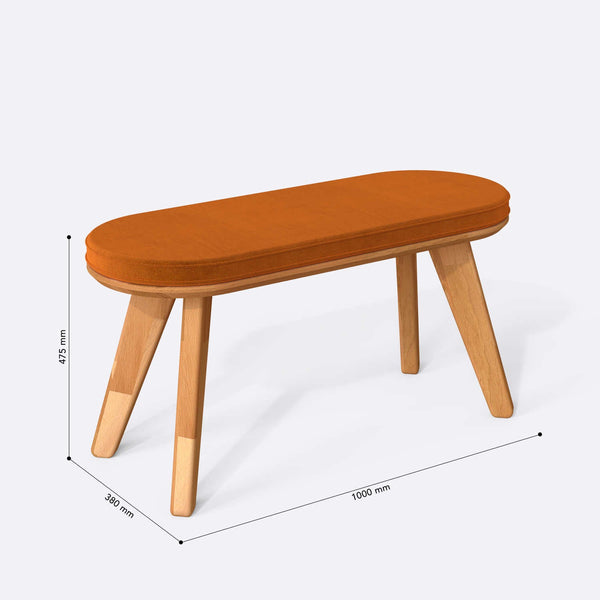Yase Bench 100 x 38 cm ölçülendirilmiş teknik görünümü, badem kadife döşeme, milimetre cinsinden ölçüler