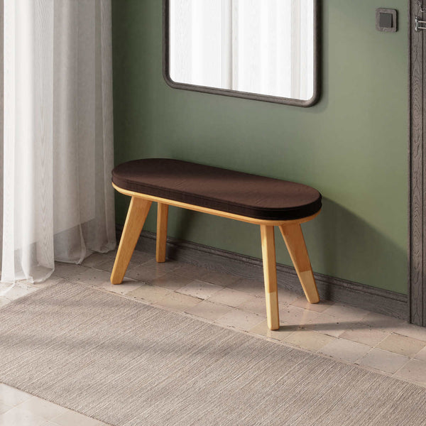 Yase Bench 100 x 38 cm, kahve kadife döşeme, masif kayın gövde, ev ortamında kullanım görünümü