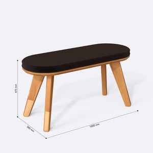 Yase Bench 100 x 38 cm ölçülendirilmiş teknik görünümü, kahve kadife döşeme, milimetre cinsinden ölçüler