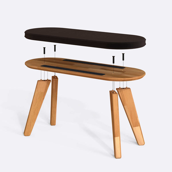 Yase Bench 100 x 38 cm parçalarına ayrılmış montaj görünümü, kahve kadife döşeme ve masif kayın parçalar
