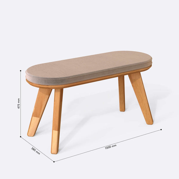 Yase Bench 100 x 38 cm ölçülendirilmiş teknik görünümü, kum kadife döşeme, milimetre cinsinden ölçüler