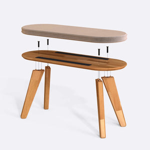 Yase Bench 100 x 38 cm parçalarına ayrılmış montaj görünümü, kum kadife döşeme ve masif kayın parçalar