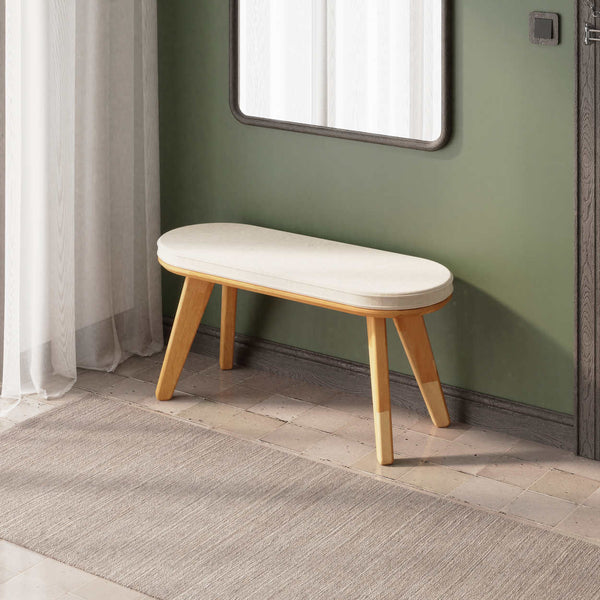 Yase Bench 100 x 38 cm, ekru kadife döşeme, masif kayın gövde, ev ortamında kullanım görünümü