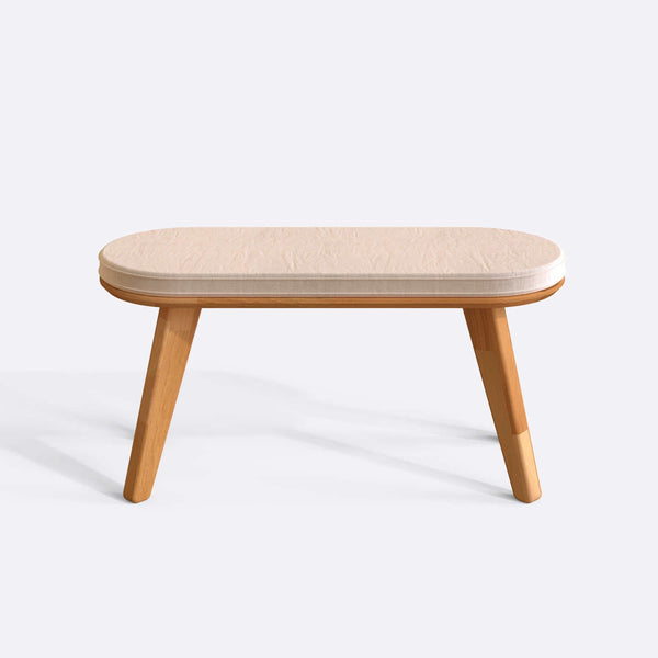 Yase Bench 100 x 38 cm, ekru kadife döşeme, masif kayın gövde, beyaz zeminde önden stüdyo çekimi