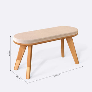 Yase Bench 100 x 38 cm ölçülendirilmiş teknik görünümü, ekru kadife döşeme, milimetre cinsinden ölçüler