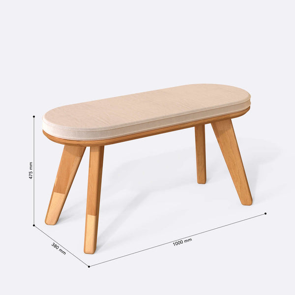 Yase Bench 100 x 38 cm ölçülendirilmiş teknik görünümü, ekru kadife döşeme, milimetre cinsinden ölçüler