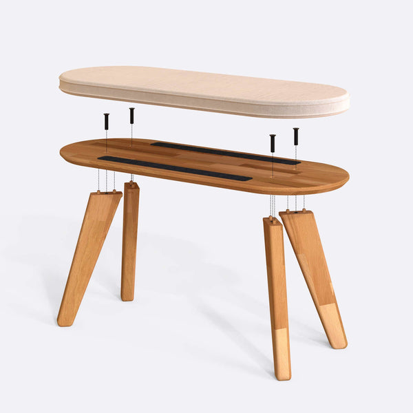 Yase Bench 100 x 38 cm parçalarına ayrılmış montaj görünümü, ekru kadife döşeme ve masif kayın parçalar