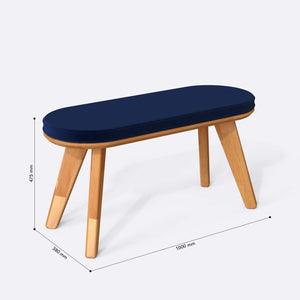 Yase Bench 100 x 38 cm ölçülendirilmiş teknik görünümü, lacivert kadife döşeme, milimetre cinsinden ölçüler