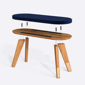 Yase Bench 100 x 38 cm parçalarına ayrılmış montaj görünümü, lacivert kadife döşeme ve masif kayın parçalar