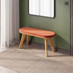 Yase Bench 100 x 38 cm, somon kadife döşeme, masif kayın gövde, ev ortamında kullanım görünümü