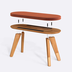 Yase Bench 100 x 38 cm parçalarına ayrılmış montaj görünümü, somon kadife döşeme ve masif kayın parçalar