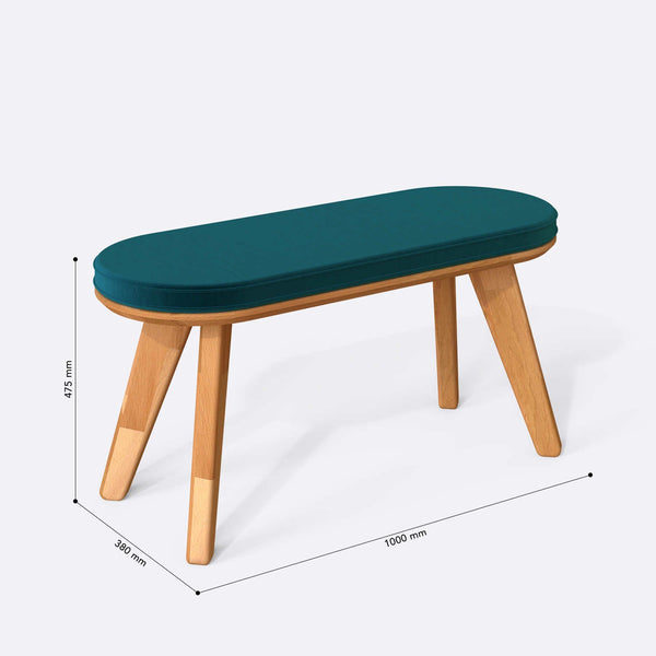 Yase Bench 100 x 38 cm ölçülendirilmiş teknik görünümü, petrol kadife döşeme, milimetre cinsinden ölçüler