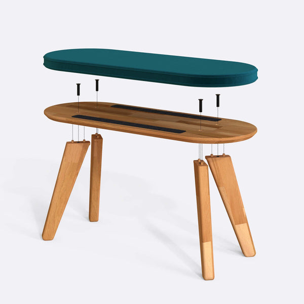 Yase Bench 100 x 38 cm parçalarına ayrılmış montaj görünümü, petrol kadife döşeme ve masif kayın parçalar