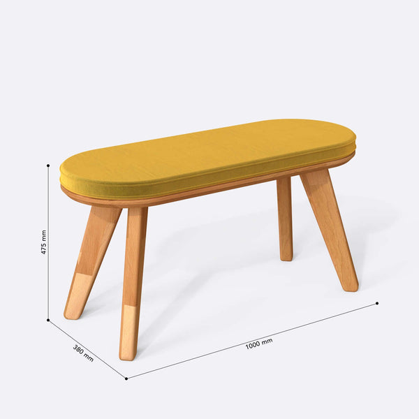 Yase Bench 100 x 38 cm ölçülendirilmiş teknik görünümü, sarı kadife döşeme, milimetre cinsinden ölçüler