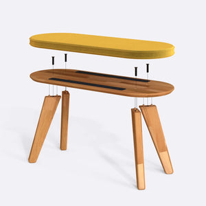 Yase Bench 100 x 38 cm parçalarına ayrılmış montaj görünümü, sarı kadife döşeme ve masif kayın parçalar