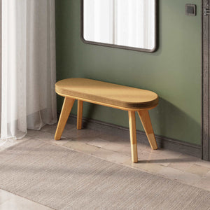 Yase Bench 100 x 38 cm, vizon kadife döşeme, masif kayın gövde, ev ortamında kullanım görünümü