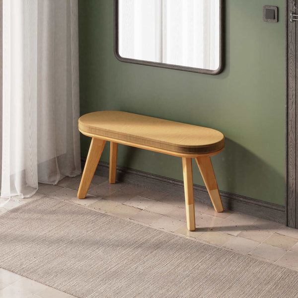Yase Bench 100 x 38 cm, vizon kadife döşeme, masif kayın gövde, ev ortamında kullanım görünümü
