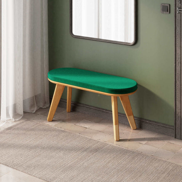 Yase Bench 100 x 38 cm, masif kayın gövde ve kumaş döşeme, ev ortamında kullanım görünümü