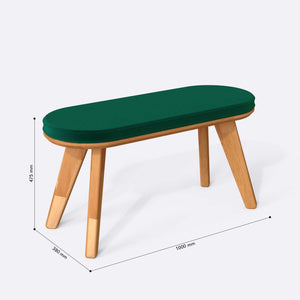 Yase Bench 100 x 38 cm ölçülendirilmiş teknik görünümü, zümrüt kadife döşeme, milimetre cinsinden ölçüler