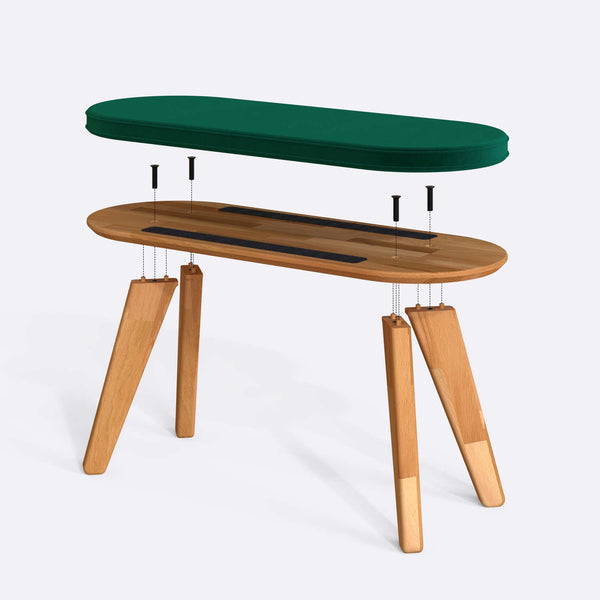 Yase Bench 100 x 38 cm parçalarına ayrılmış montaj görünümü, zümrüt kadife döşeme ve masif kayın parçalar