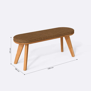 Yase Bench 120 x 38 ölçülendirilmiş teknik görünümü, badem keten döşeme, milimetre cinsinden genişlik, derinlik ve yükseklik