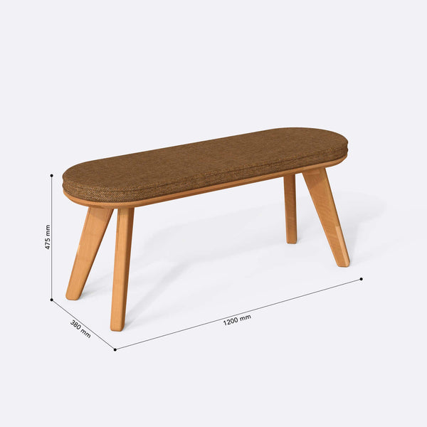 Yase Bench 120 x 38 ölçülendirilmiş teknik görünümü, badem keten döşeme, milimetre cinsinden genişlik, derinlik ve yükseklik