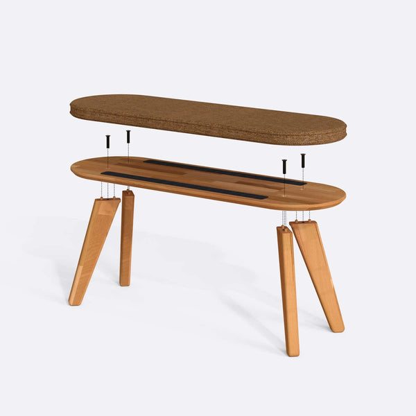 Yase Bench 120 x 38 parçalarına ayrılmış montaj görünümü, badem keten döşemeli oturum, masif kayın ayaklar ve vidalar