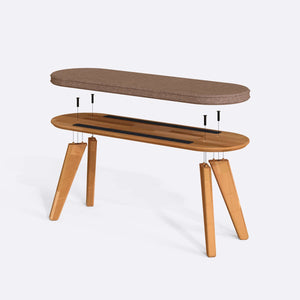Yase Bench 120 x 38 parçalarına ayrılmış montaj görünümü, kahve keten döşemeli oturum, masif kayın ayaklar ve vidalar