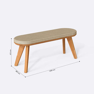 Yase Bench 120 x 38 ölçülendirilmiş teknik görünümü, kum keten döşeme, milimetre cinsinden genişlik, derinlik ve yükseklik