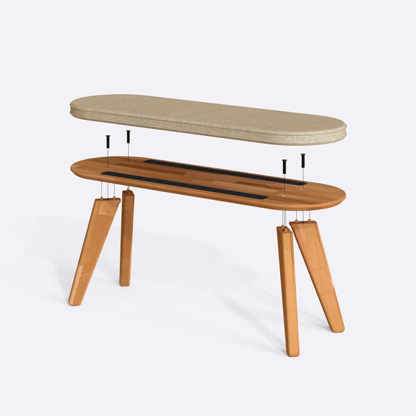 Yase Bench 120 x 38 parçalarına ayrılmış montaj görünümü, kum keten döşemeli oturum, masif kayın ayaklar ve vidalar
