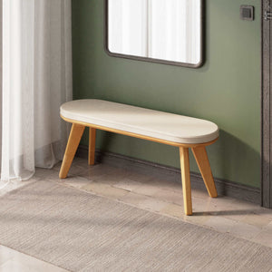 Yase Bench 120 x 38, ekru keten döşemeli oturum ve masif kayın gövde, döşenmiş oda ortamında kullanım görünümü