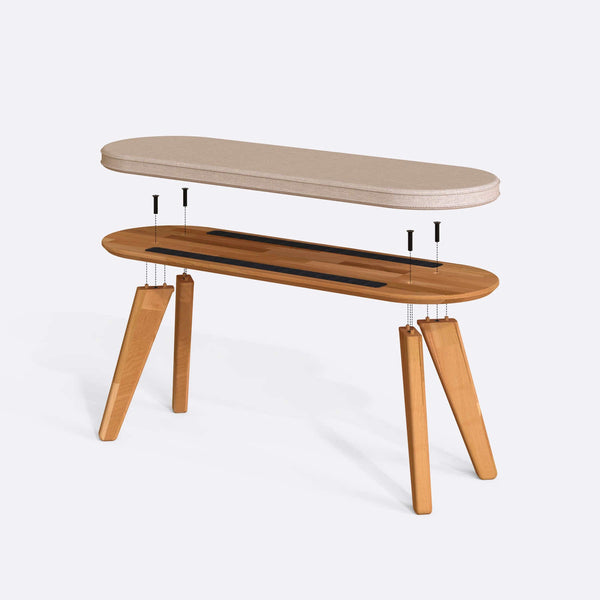 Yase Bench 120 x 38 parçalarına ayrılmış montaj görünümü, ekru keten döşemeli oturum, masif kayın ayaklar ve vidalar