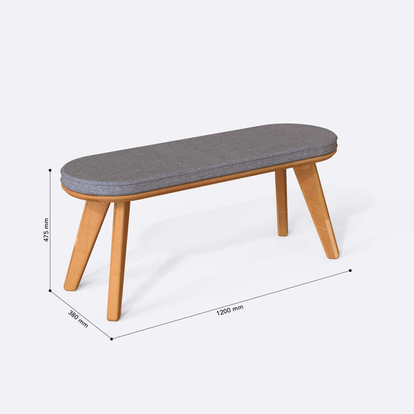 Yase Bench 120 x 38 ölçülendirilmiş teknik görünümü, gri keten döşeme, milimetre cinsinden genişlik, derinlik ve yükseklik