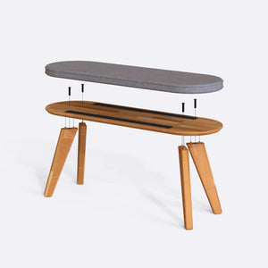 Yase Bench 120 x 38 parçalarına ayrılmış montaj görünümü, gri keten döşemeli oturum, masif kayın ayaklar ve vidalar