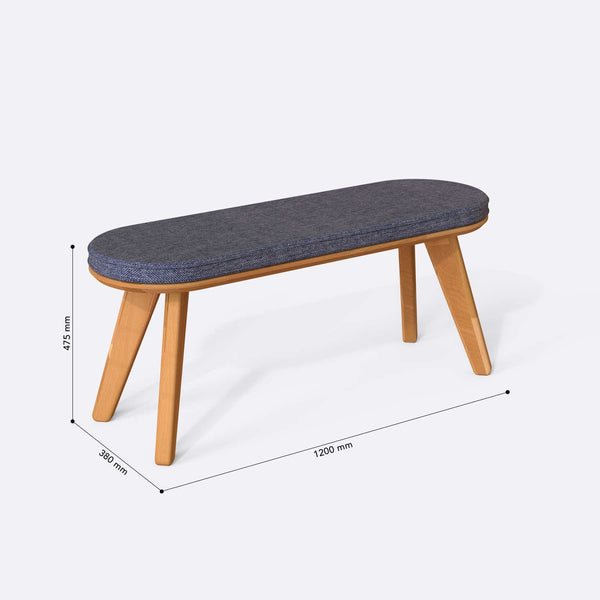 Yase Bench 120 x 38 ölçülendirilmiş teknik görünümü, kül keten döşeme, milimetre cinsinden genişlik, derinlik ve yükseklik