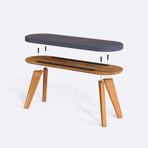 Yase Bench 120 x 38 parçalarına ayrılmış montaj görünümü, kül keten döşemeli oturum, masif kayın ayaklar ve vidalar