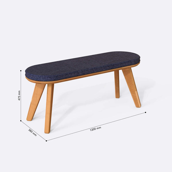 Yase Bench 120 x 38 ölçülendirilmiş teknik görünümü, lacivert keten döşeme, milimetre cinsinden ölçü okları