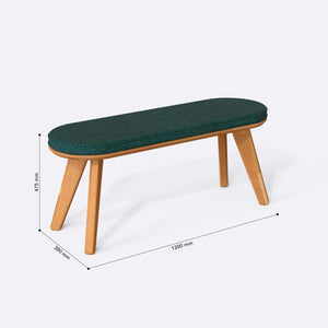 Yase Bench 120 x 38 ölçülendirilmiş teknik görünümü, petrol keten döşeme, milimetre cinsinden genişlik, derinlik ve yükseklik