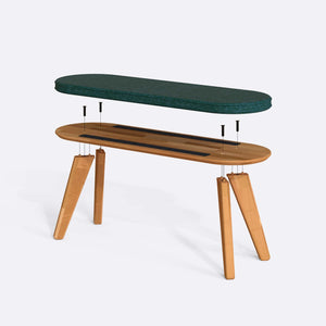 Yase Bench 120 x 38 parçalarına ayrılmış montaj görünümü, petrol keten döşemeli oturum, masif kayın ayaklar ve vidalar