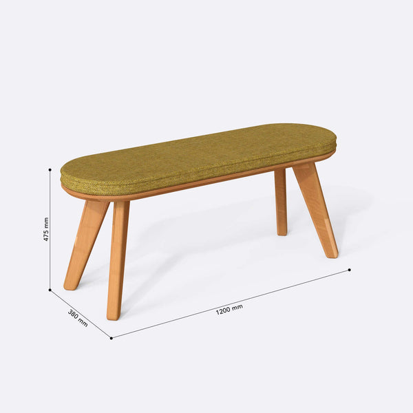 Yase Bench 120 x 38 ölçülendirilmiş teknik görünümü, sarı keten döşeme, milimetre cinsinden genişlik, derinlik ve yükseklik