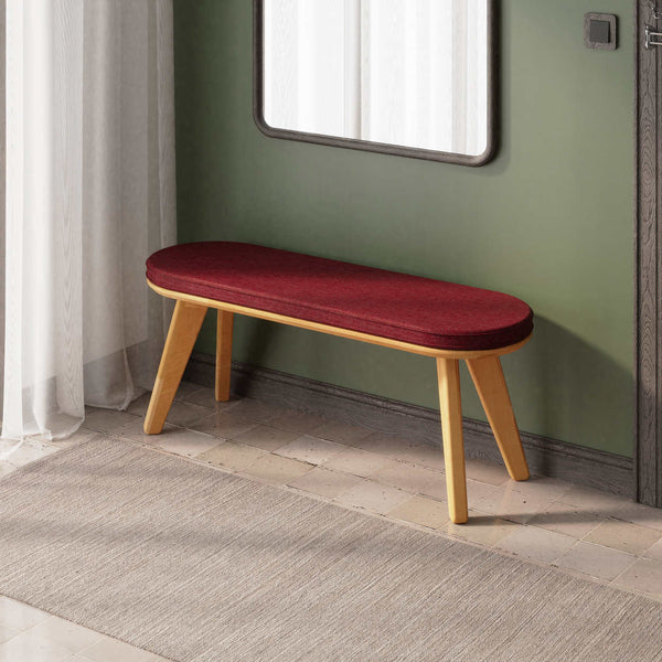 Yase Bench 120 x 38, bordo keten döşemeli oturum ve masif kayın gövde, döşenmiş oda ortamında kullanım görünümü