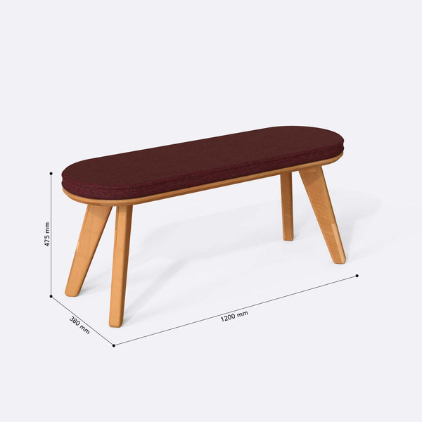 Yase Bench 120 x 38 ölçülendirilmiş teknik görünümü, bordo keten döşeme, milimetre cinsinden genişlik, derinlik ve yükseklik
