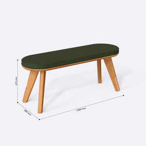Yase Bench 120 x 38 ölçülendirilmiş teknik görünümü, yeşil keten döşeme, milimetre cinsinden genişlik, derinlik ve yükseklik