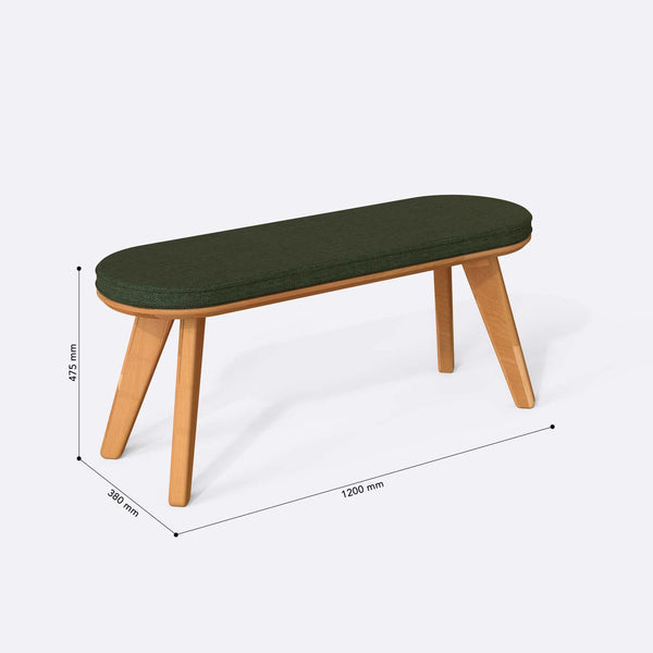 Yase Bench 120 x 38 ölçülendirilmiş teknik görünümü, yeşil keten döşeme, milimetre cinsinden genişlik, derinlik ve yükseklik