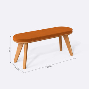 Yase Bench 120 x 38 ölçülendirilmiş teknik görünümü, badem kadife döşeme, milimetre cinsinden genişlik, derinlik ve yükseklik